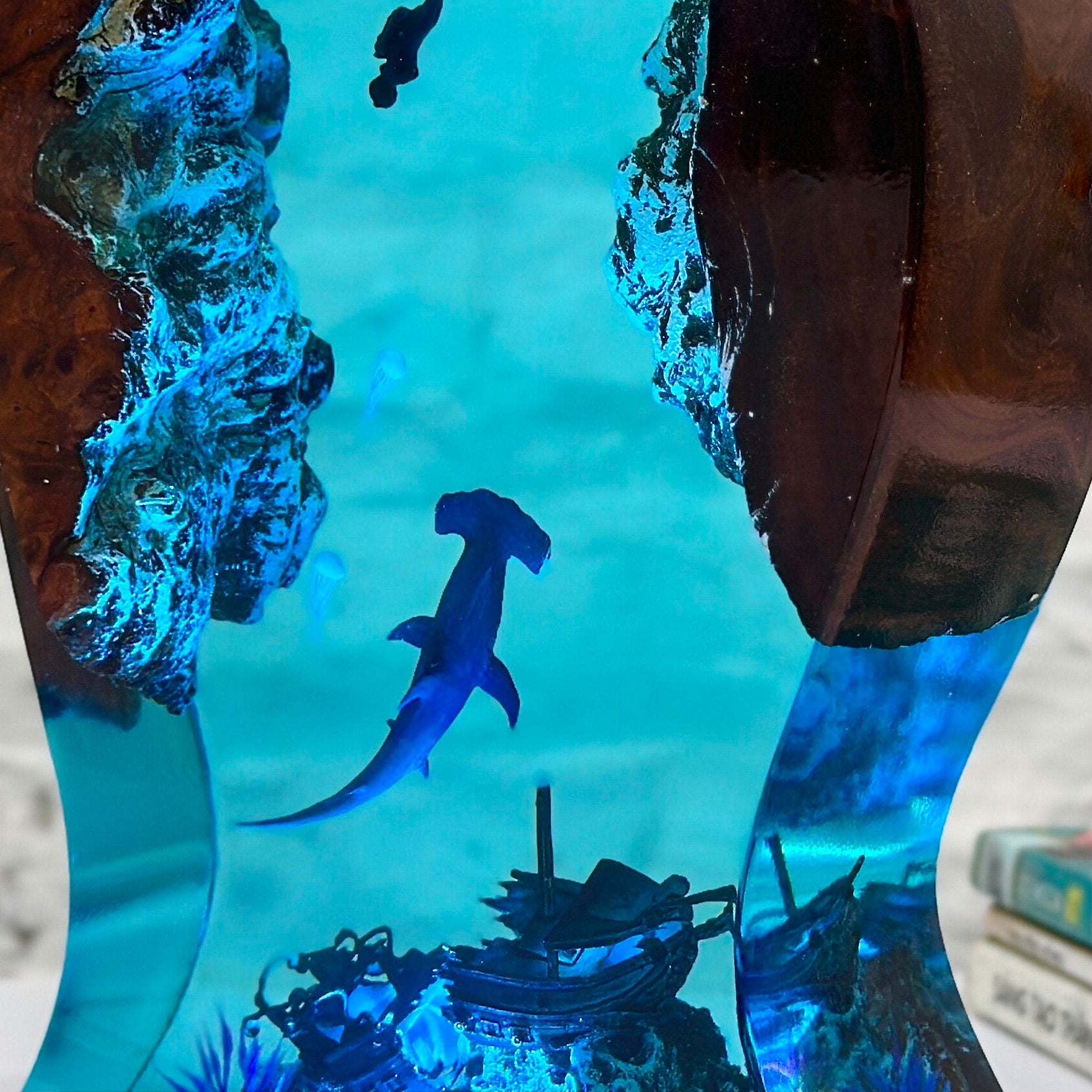 Epoxy Resin Ocean Lamp: Hammerhead Shark & Diver Night Light