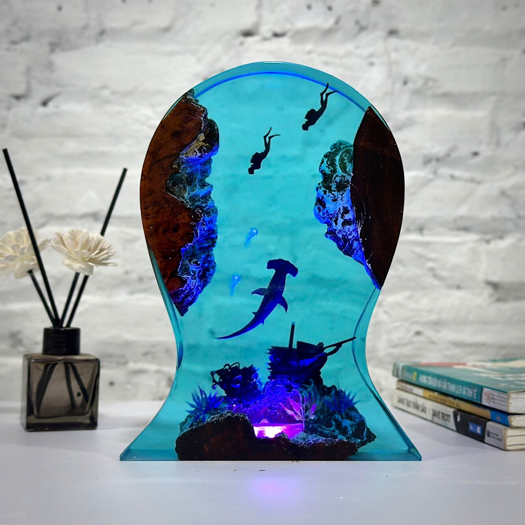 Epoxy Resin Ocean Lamp: Hammerhead Shark & Diver Night Light