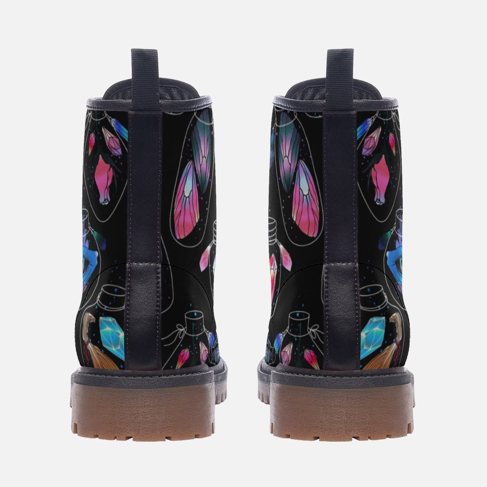 Emerald Blossoms - Witchy Crystal Potions Vegan Leather Combat Boots For Hippies