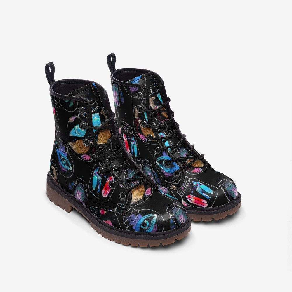 Emerald Blossoms - Witchy Crystal Potions Vegan Leather Combat Boots For Hippies