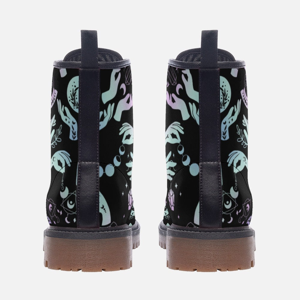 Emerald Blossoms - Pastel Witch Moon Vegan Leather Combat Boots For Hippies