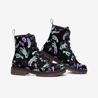 Emerald Blossoms - Pastel Witch Moon Vegan Leather Combat Boots For Hippies