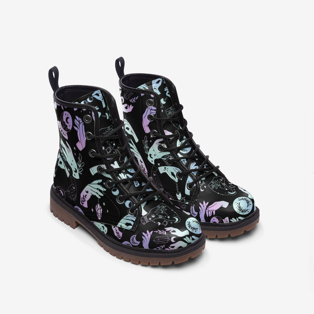 Emerald Blossoms - Pastel Witch Moon Vegan Leather Combat Boots For Hippies