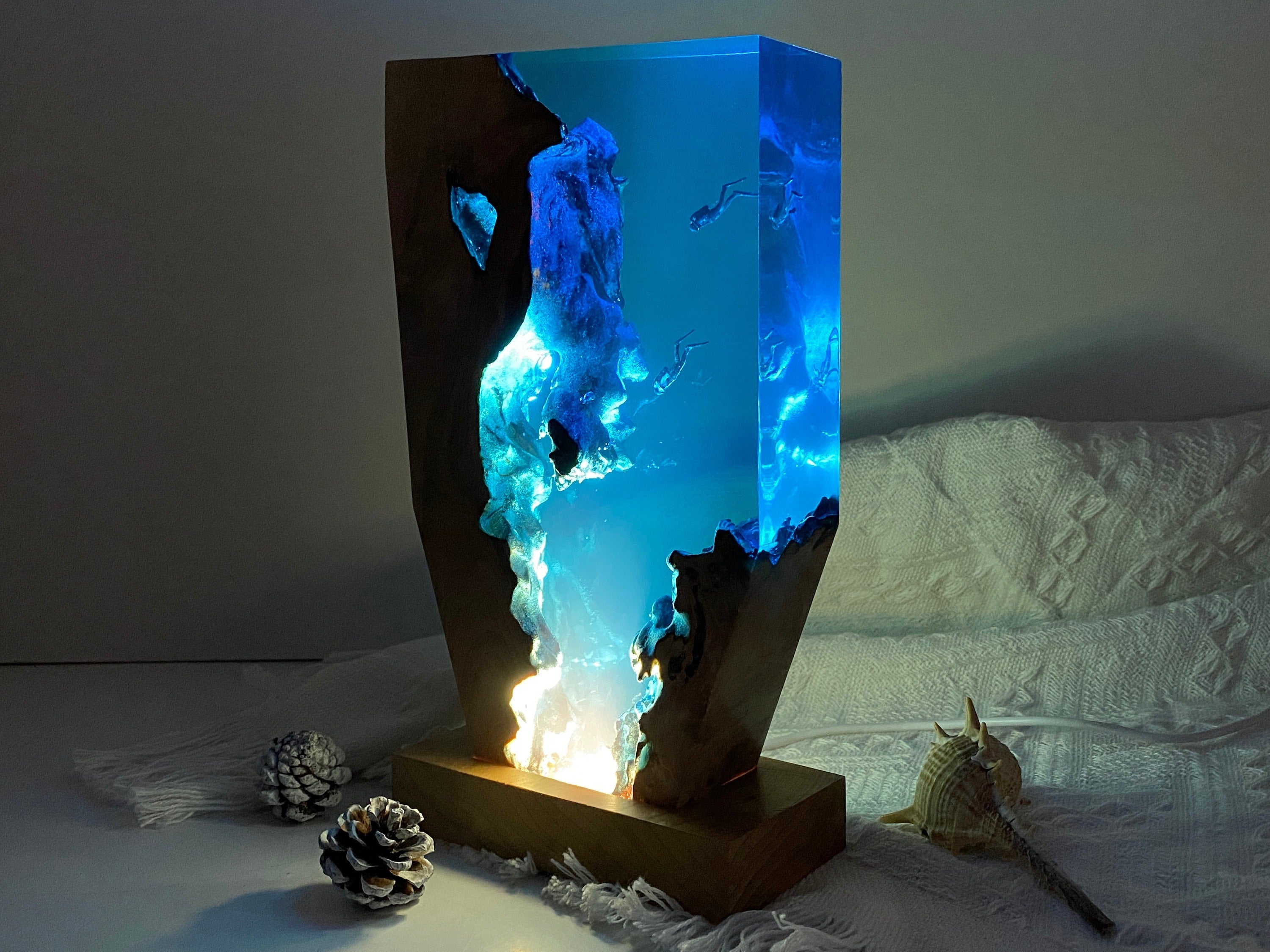 Diver's Night Light, Scuba Diving Deep Sea Exploration, Personalised Epoxy Wooden Light, Freediving, Halloween Gift, Christmas Gift
