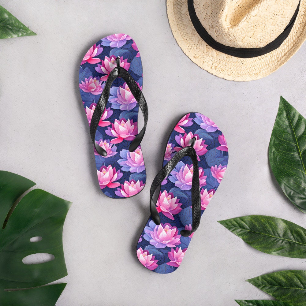 Emerald  Blossoms - Pink & Purple Lotus Flip Flops