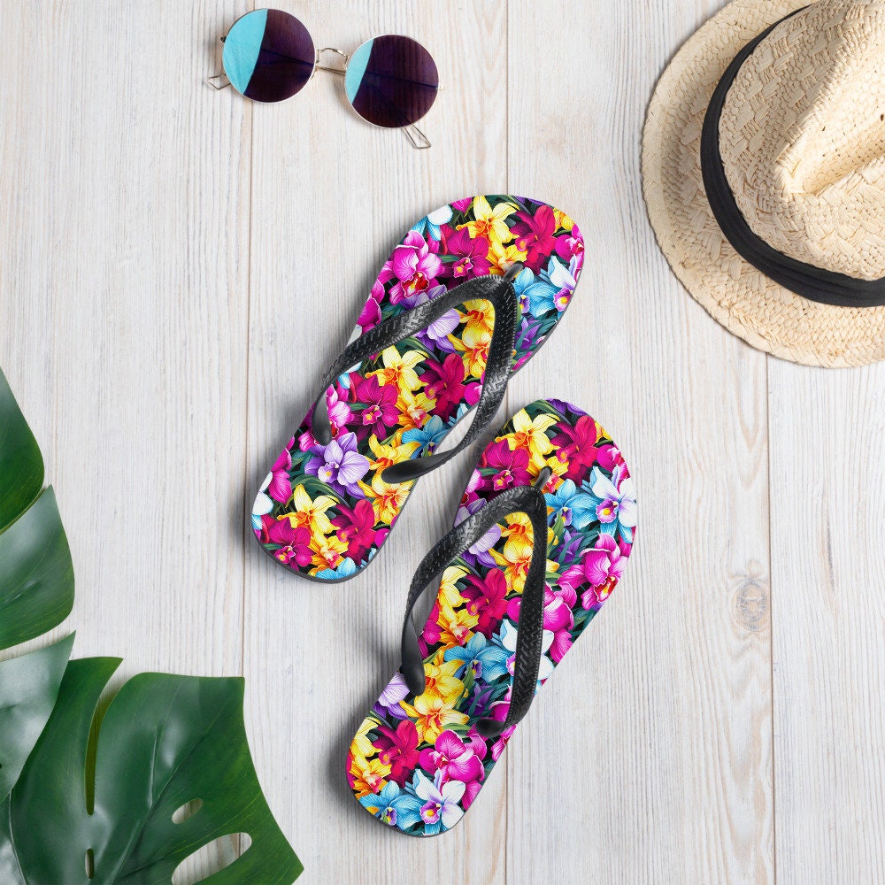 Emerald  Blossoms - Colorful Orchid Flip Flops