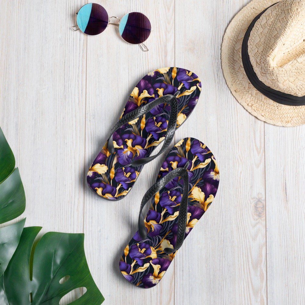 Emerald  Blossoms - Purple & Yellow Iris Flip Flops