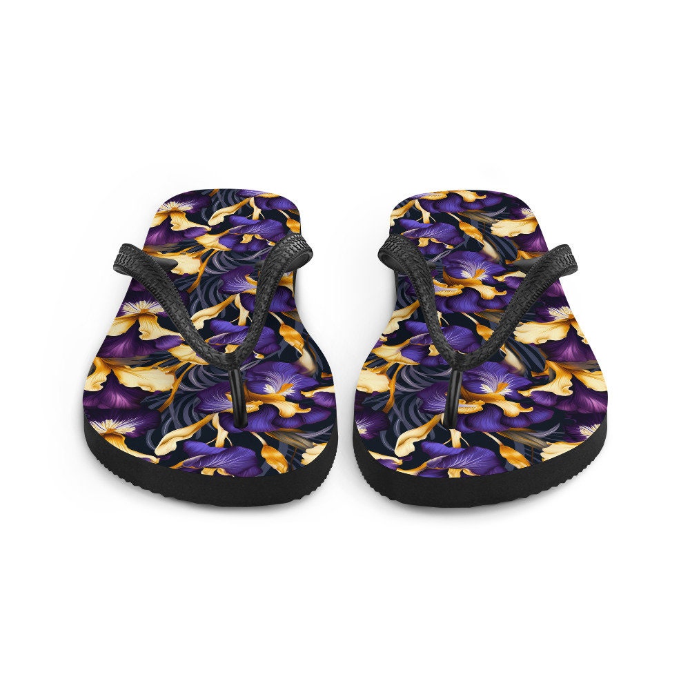 Emerald  Blossoms - Purple & Yellow Iris Flip Flops