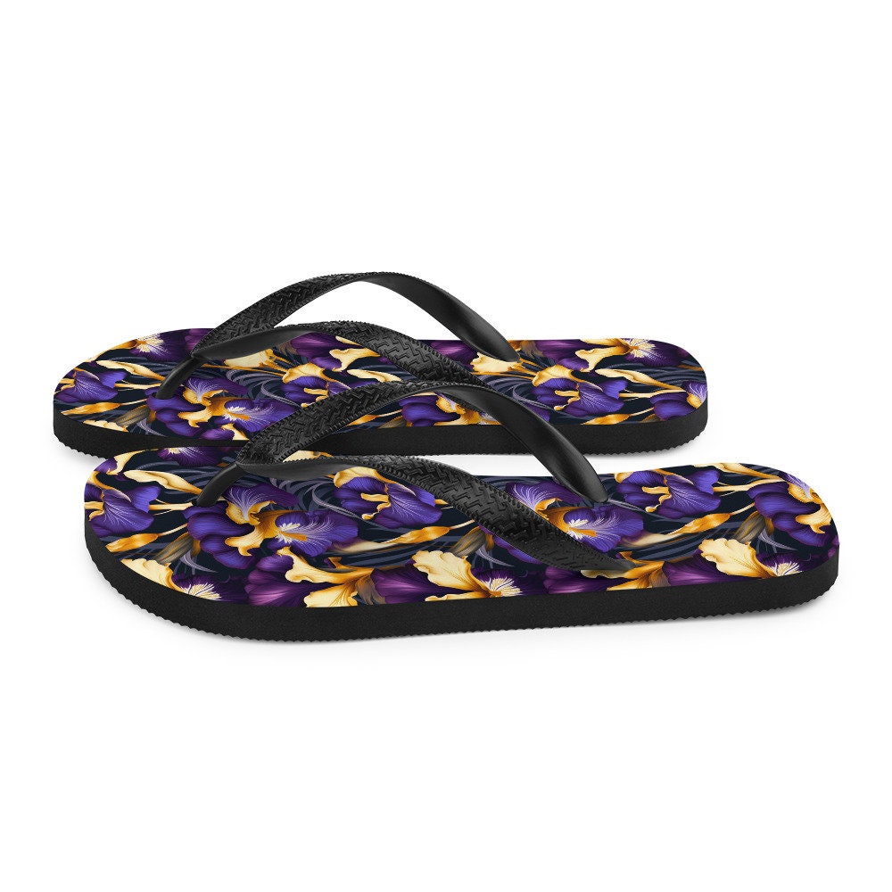 Emerald  Blossoms - Purple & Yellow Iris Flip Flops