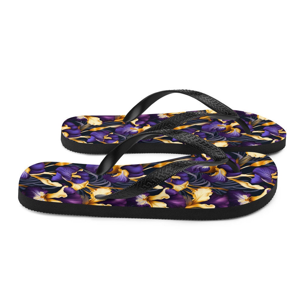 Emerald  Blossoms - Purple & Yellow Iris Flip Flops