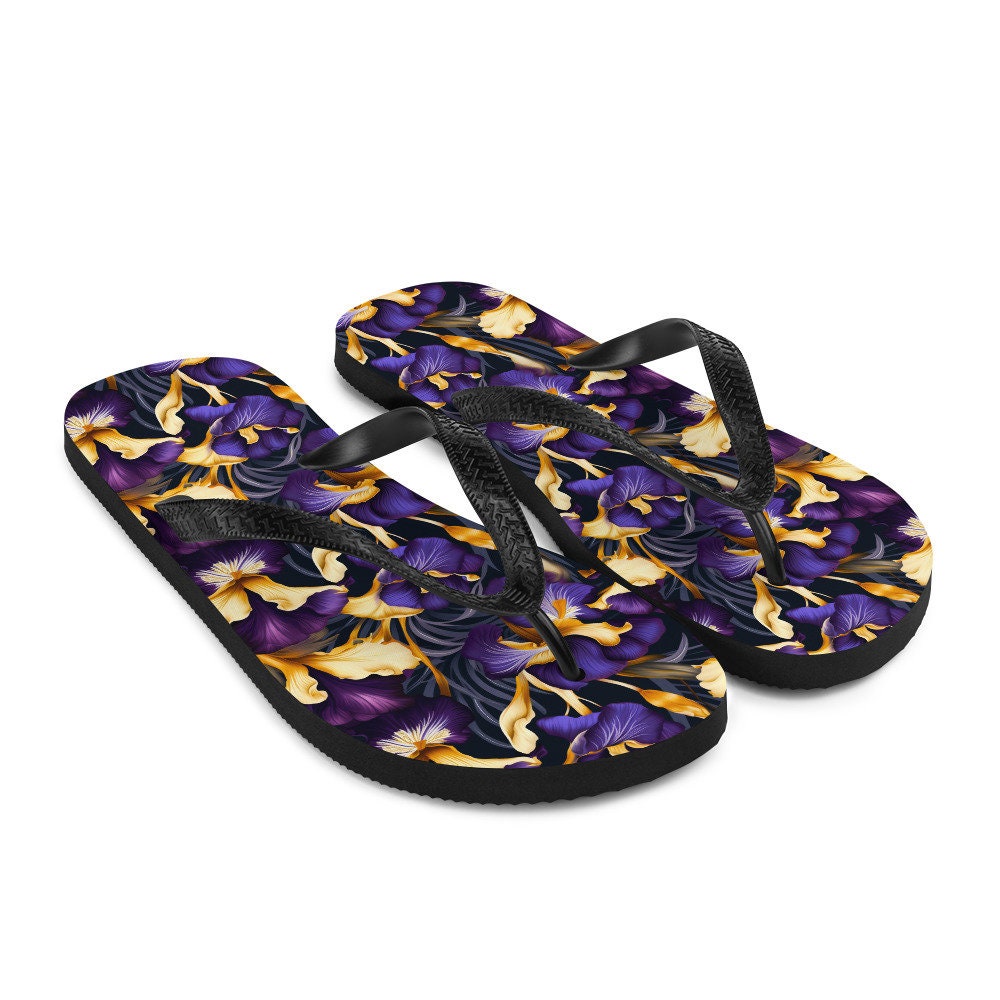 Emerald  Blossoms - Purple & Yellow Iris Flip Flops