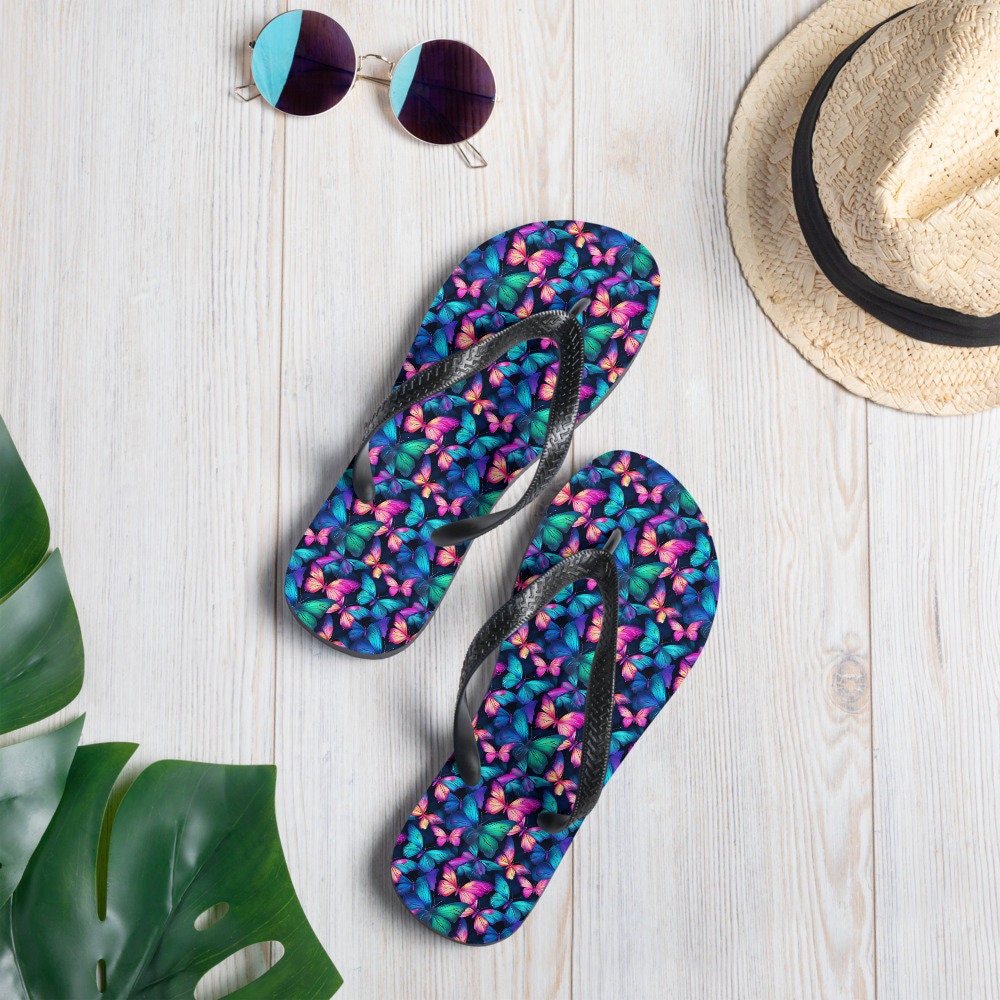 Emerald  Blossoms - Iridescent Butterfly Flip Flops