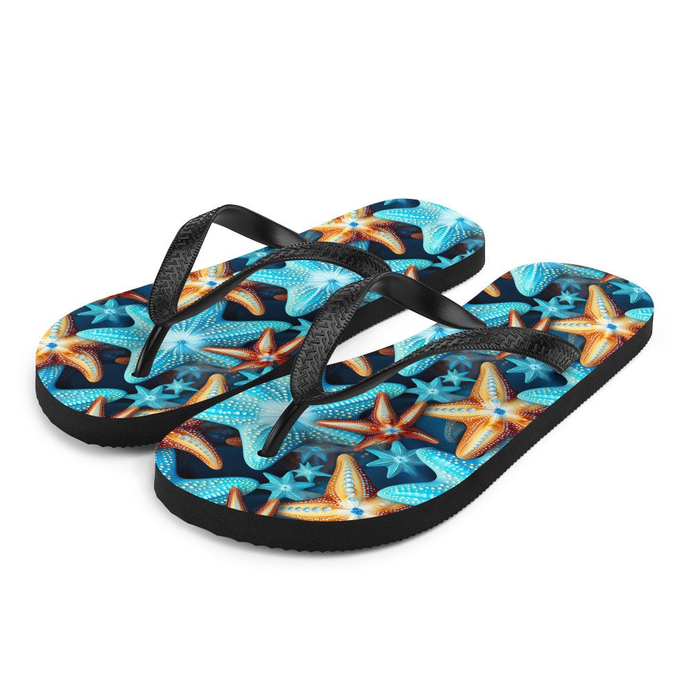 Emerald  Blossoms - Blue and Orange Starfish Flip Flops