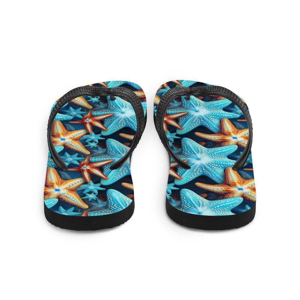 Emerald  Blossoms - Blue and Orange Starfish Flip Flops