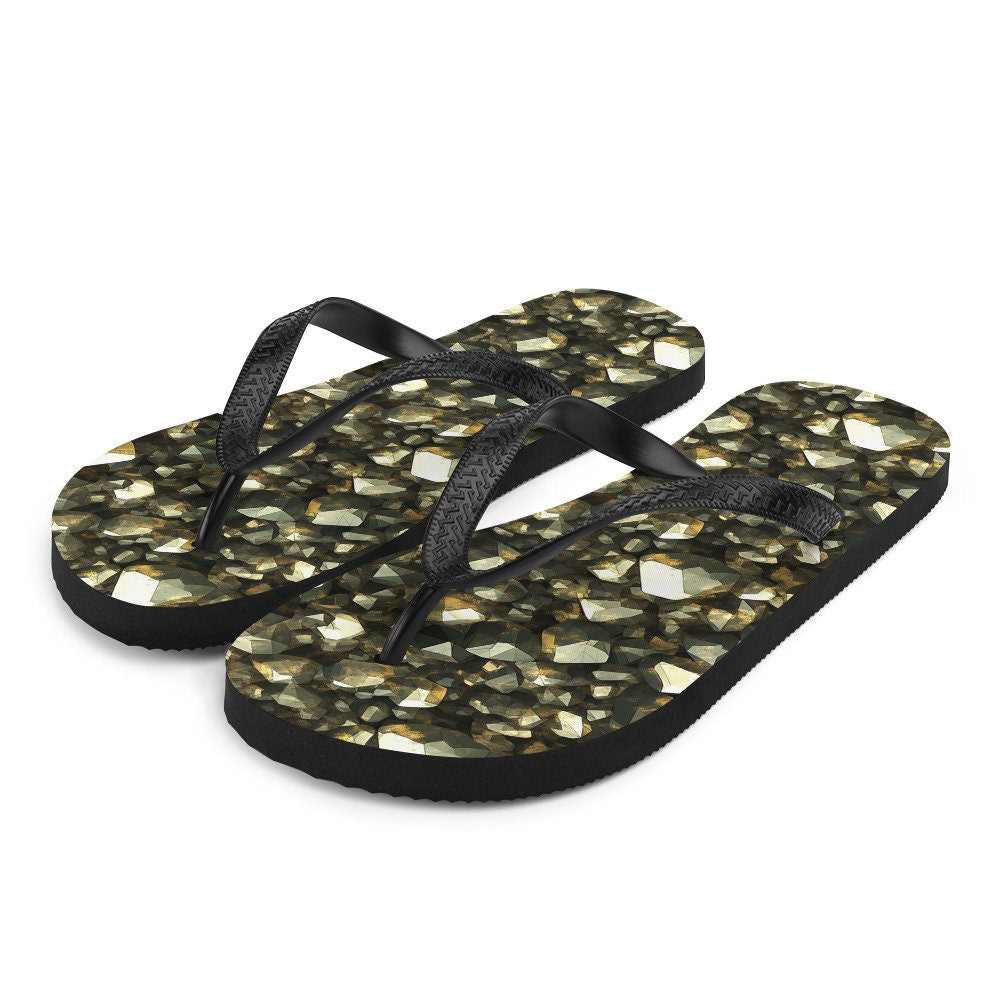 Emerald  Blossoms - Golden Pyrite Summer Flip Flops