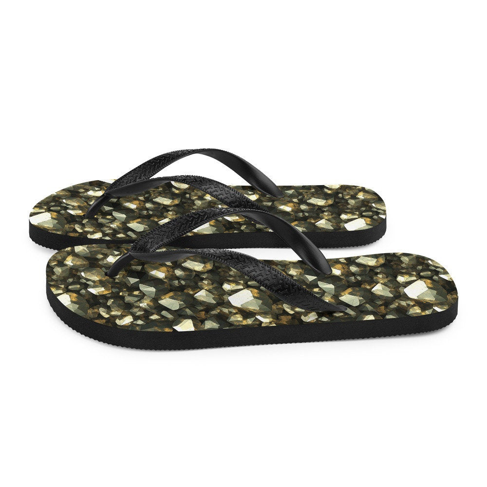 Emerald  Blossoms - Golden Pyrite Summer Flip Flops