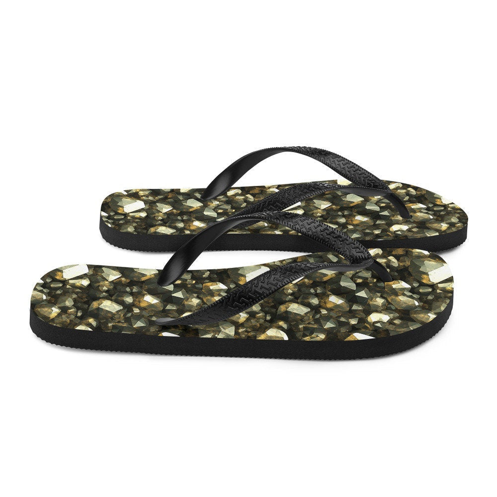 Emerald  Blossoms - Golden Pyrite Summer Flip Flops