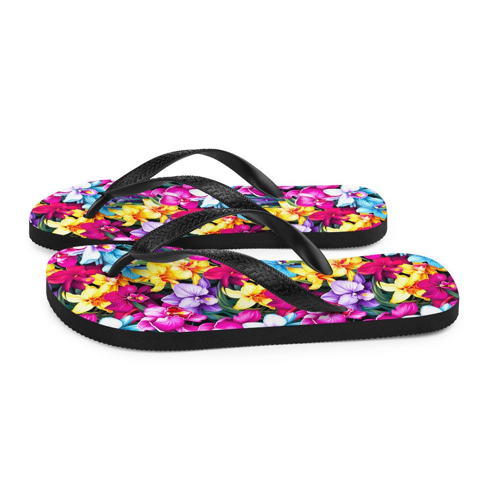 Emerald  Blossoms - Colorful Orchid Flip Flops