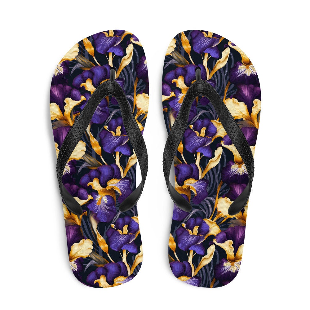 Emerald  Blossoms - Purple & Yellow Iris Flip Flops