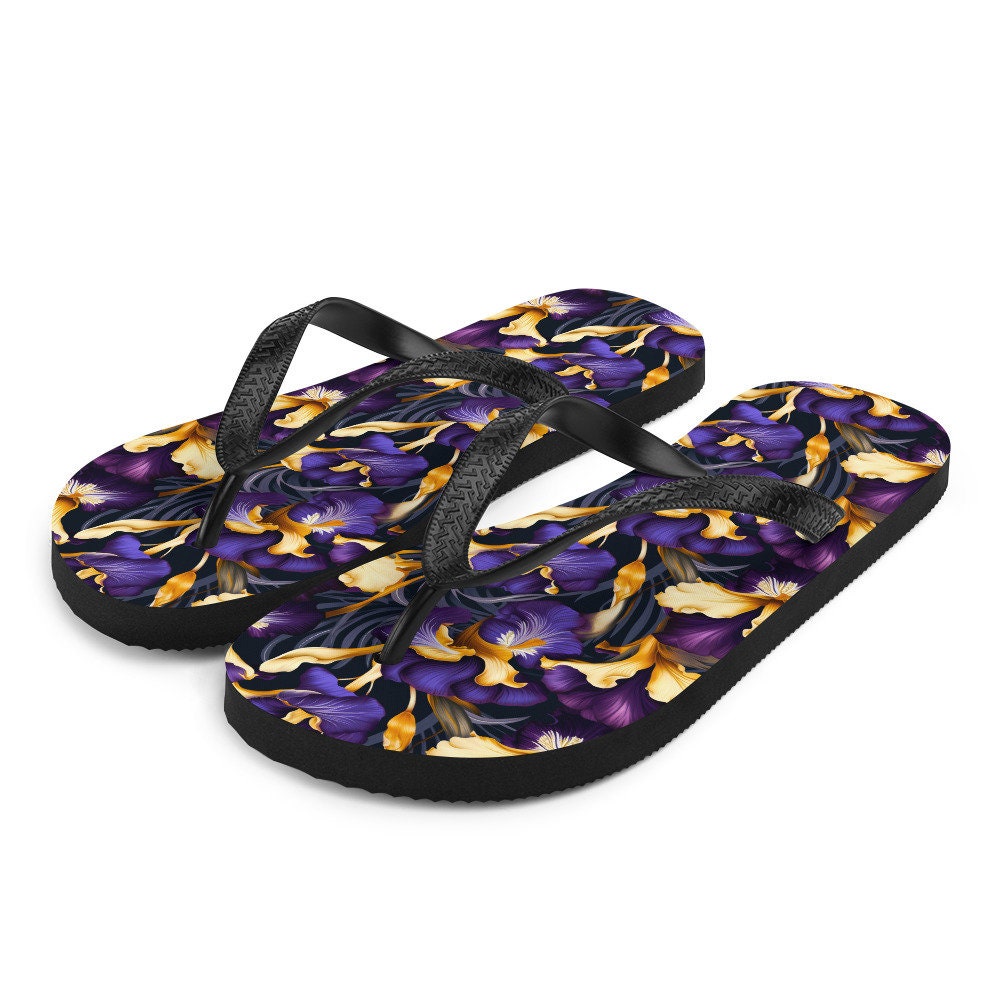 Emerald  Blossoms - Purple & Yellow Iris Flip Flops