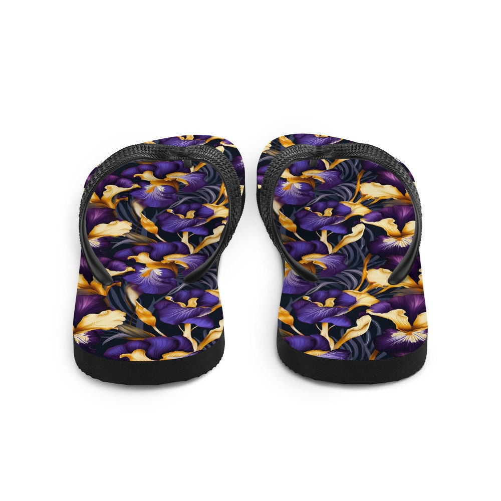 Emerald  Blossoms - Purple & Yellow Iris Flip Flops