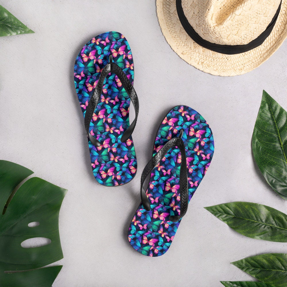 Emerald  Blossoms - Iridescent Butterfly Flip Flops