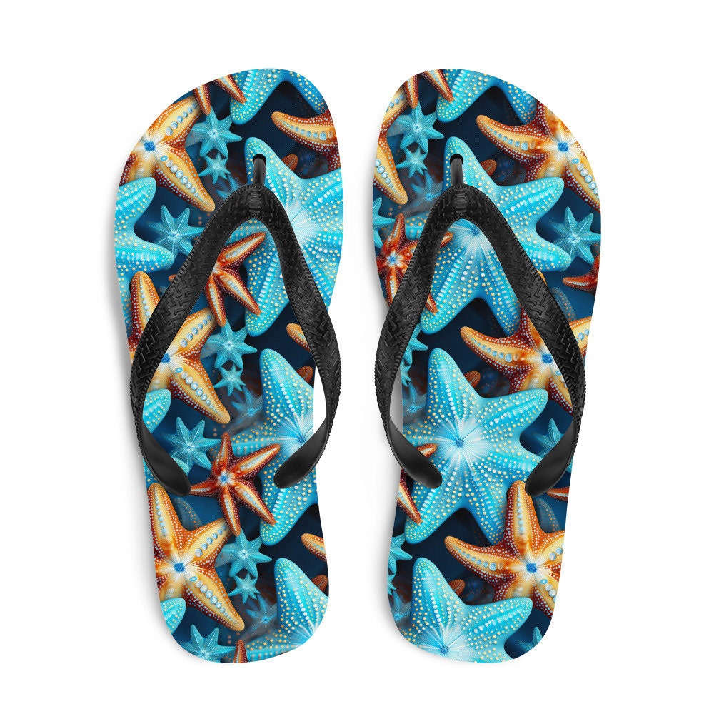 Emerald  Blossoms - Blue and Orange Starfish Flip Flops