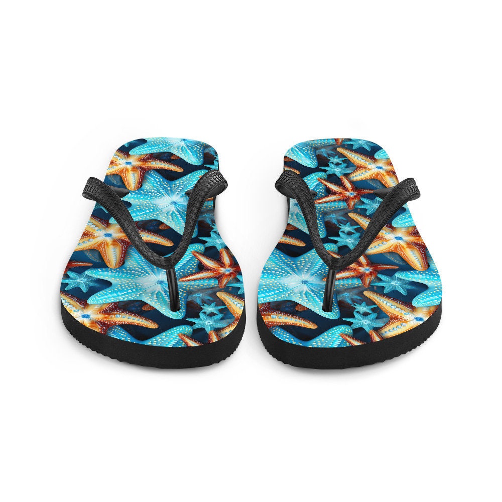 Emerald  Blossoms - Blue and Orange Starfish Flip Flops