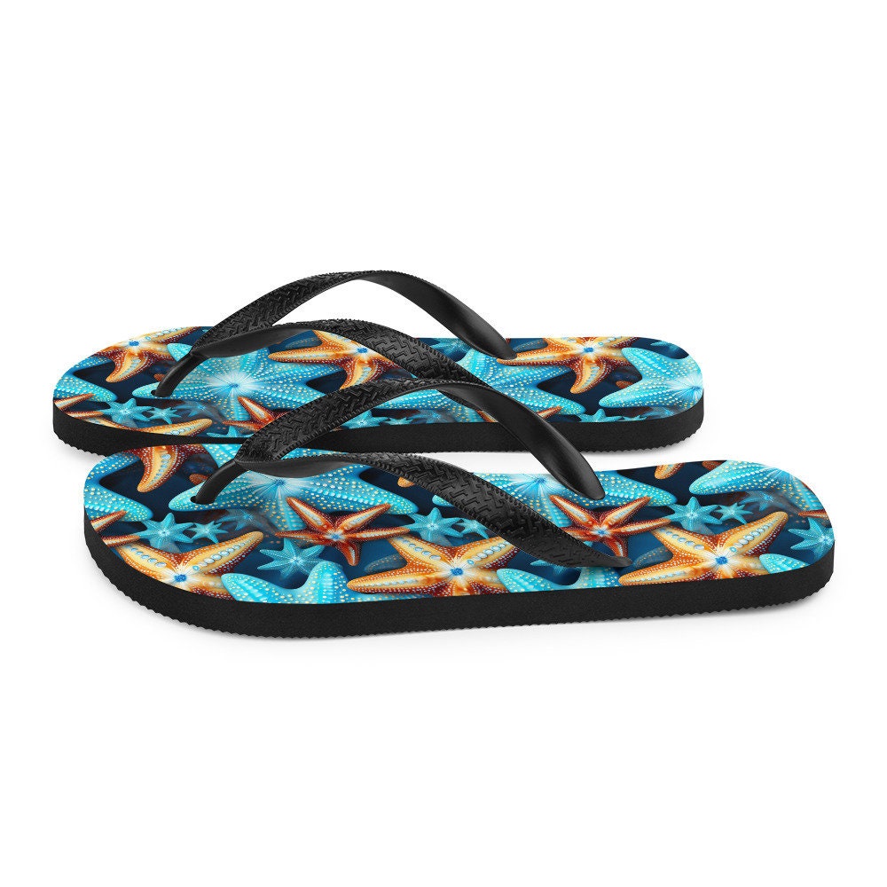 Emerald  Blossoms - Blue and Orange Starfish Flip Flops