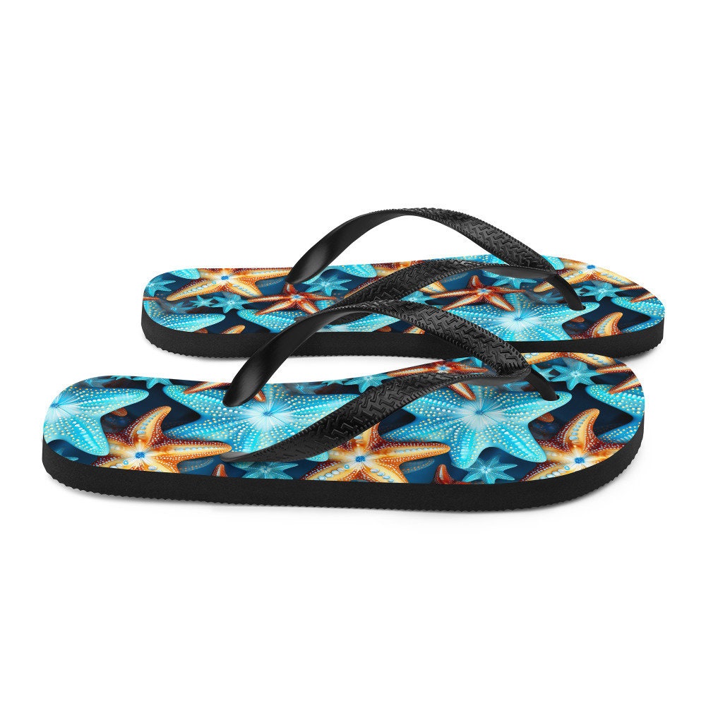 Emerald  Blossoms - Blue and Orange Starfish Flip Flops