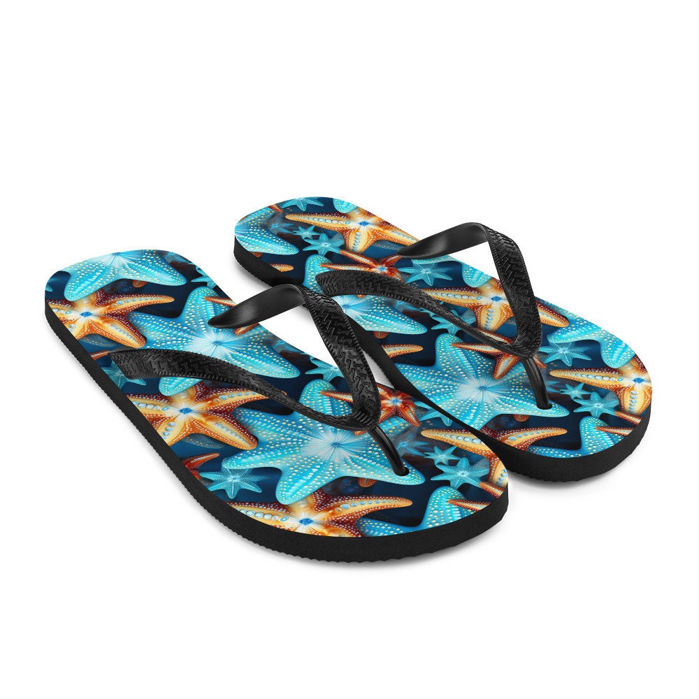 Emerald  Blossoms - Blue and Orange Starfish Flip Flops