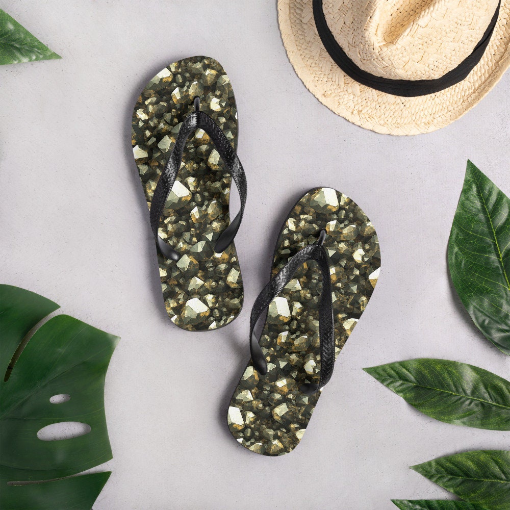 Emerald  Blossoms - Golden Pyrite Summer Flip Flops