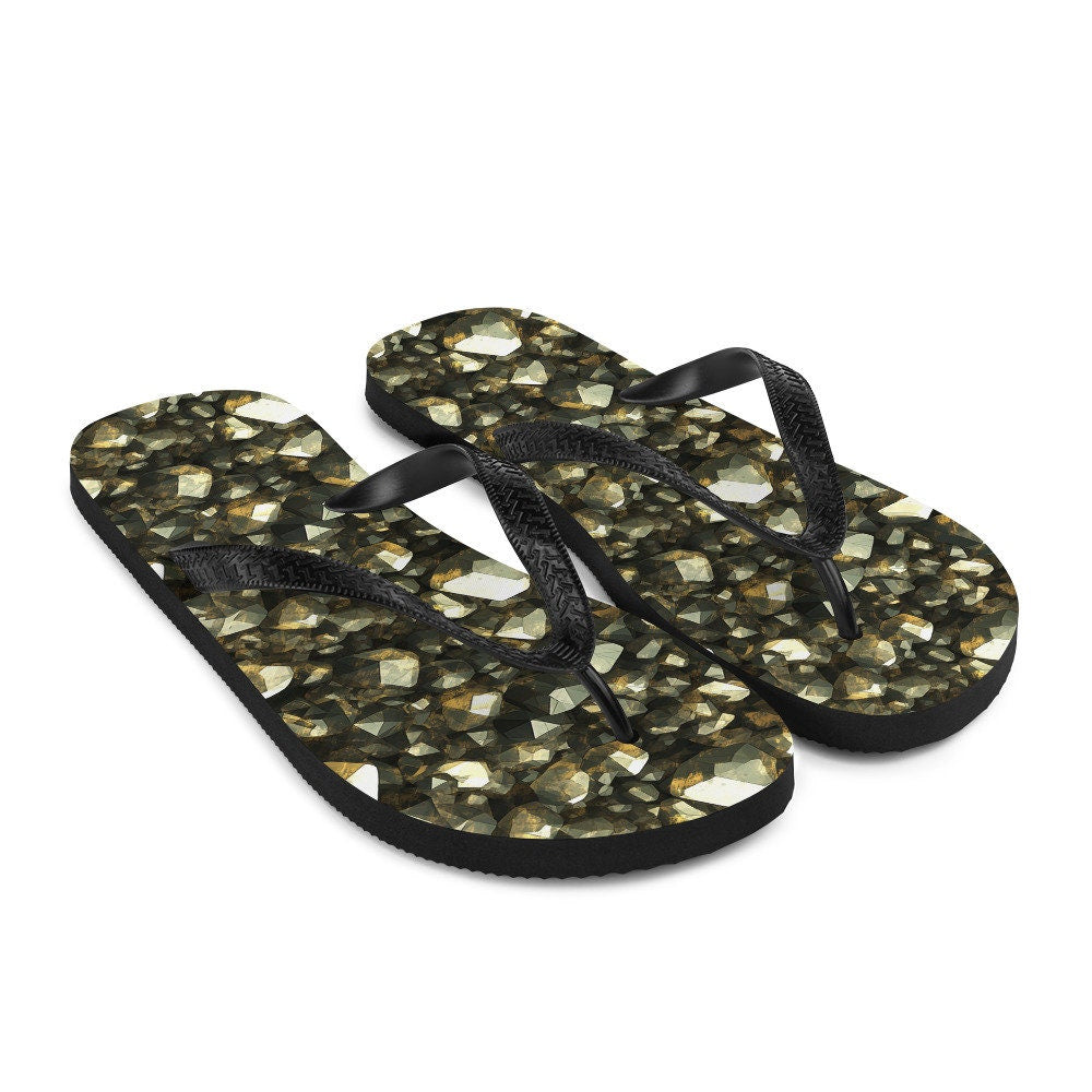 Emerald  Blossoms - Golden Pyrite Summer Flip Flops