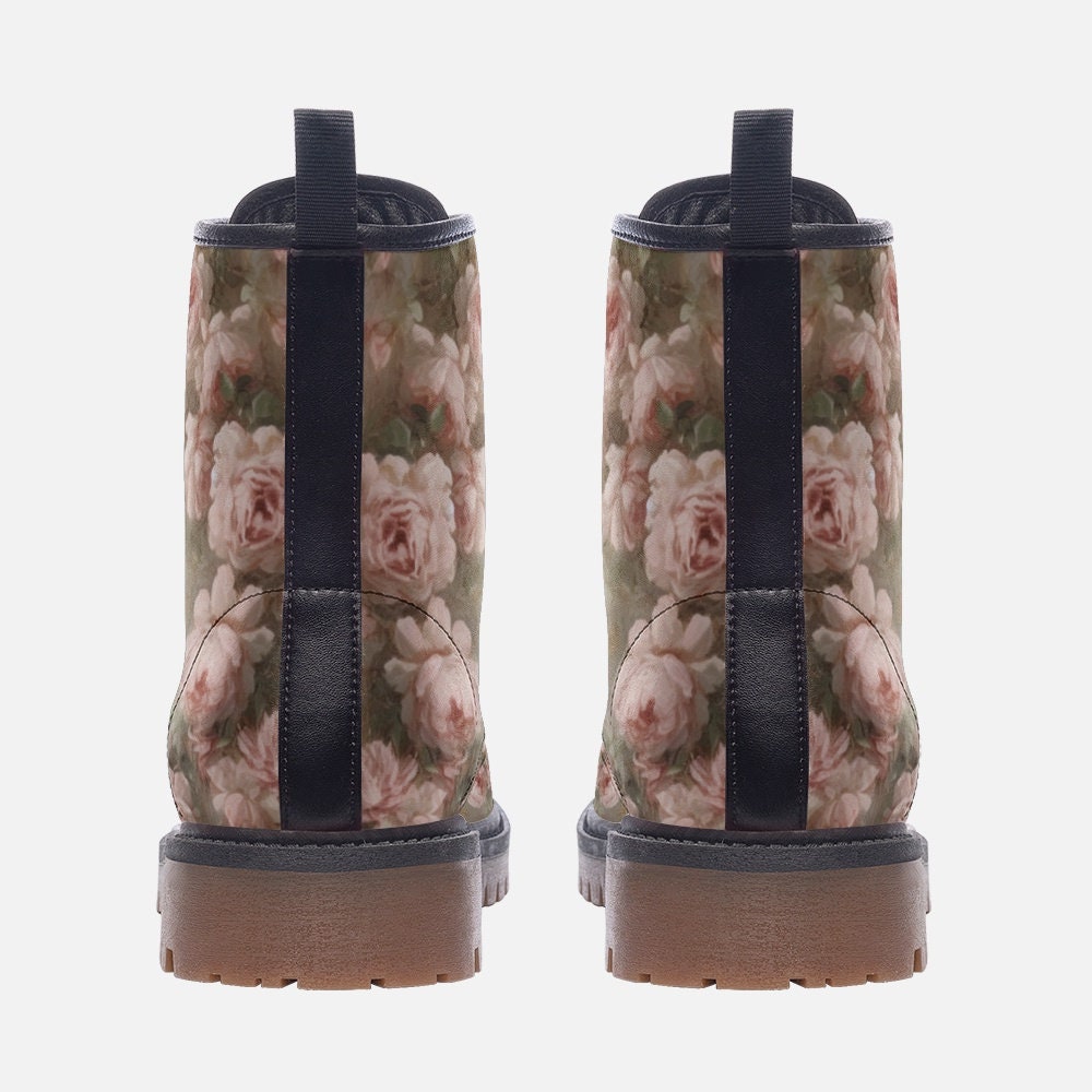 Emerald Blossoms - Pink Painted Roses Casual Leather Lightweight Boots For Hippies