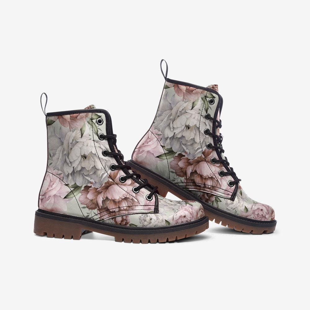 Emerald Blossoms - Pretty Peony Casual Leather Lightweight Boots For Hippies