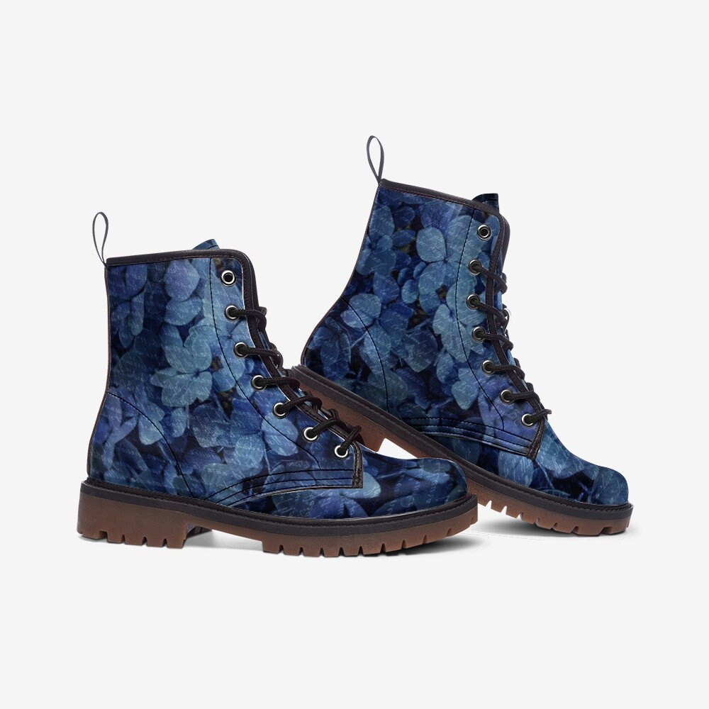 Emerald Blossoms - French Blue Hydrangea Casual Leather Lightweight Boots For Hippies