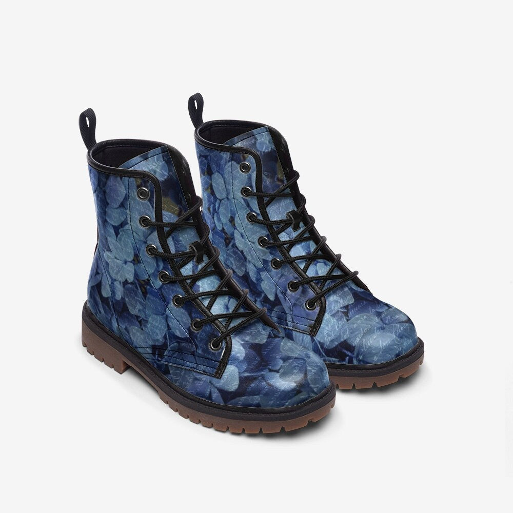 Emerald Blossoms - French Blue Hydrangea Casual Leather Lightweight Boots For Hippies