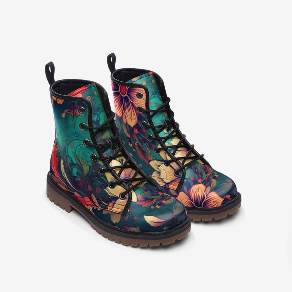 Emerald Blossoms - Boho Flowers Vegan Leather Combat Boots For Hippies