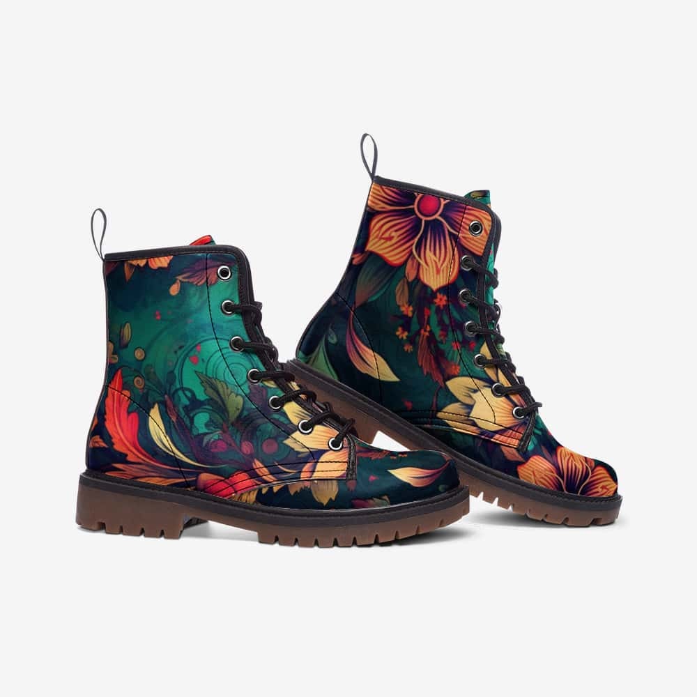 Emerald Blossoms - Boho Flowers Vegan Leather Combat Boots For Hippies