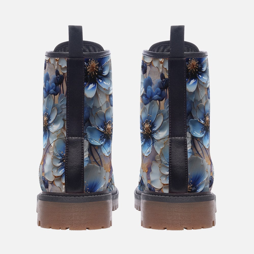 Emerald Blossoms - Blue Floral Casual Faux Leather Lightweight Boots For Hippies