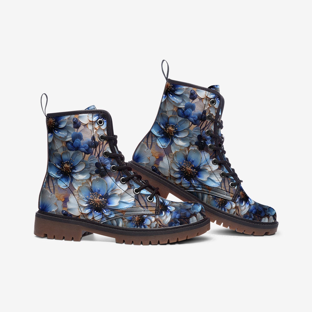 Emerald Blossoms - Blue Floral Casual Faux Leather Lightweight Boots For Hippies