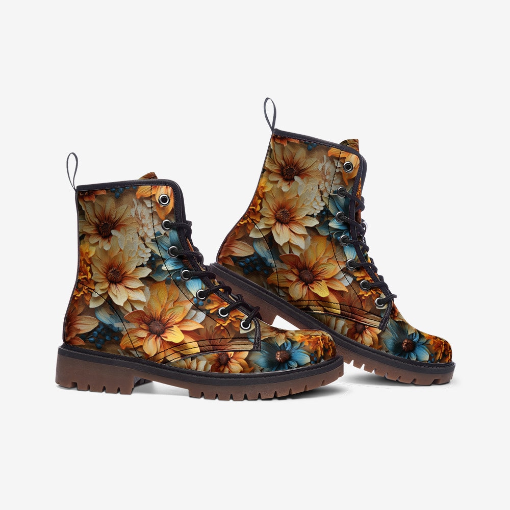 Emerald Blossoms - Orange Floral Casual Faux Leather Lightweight Boots For Hippies