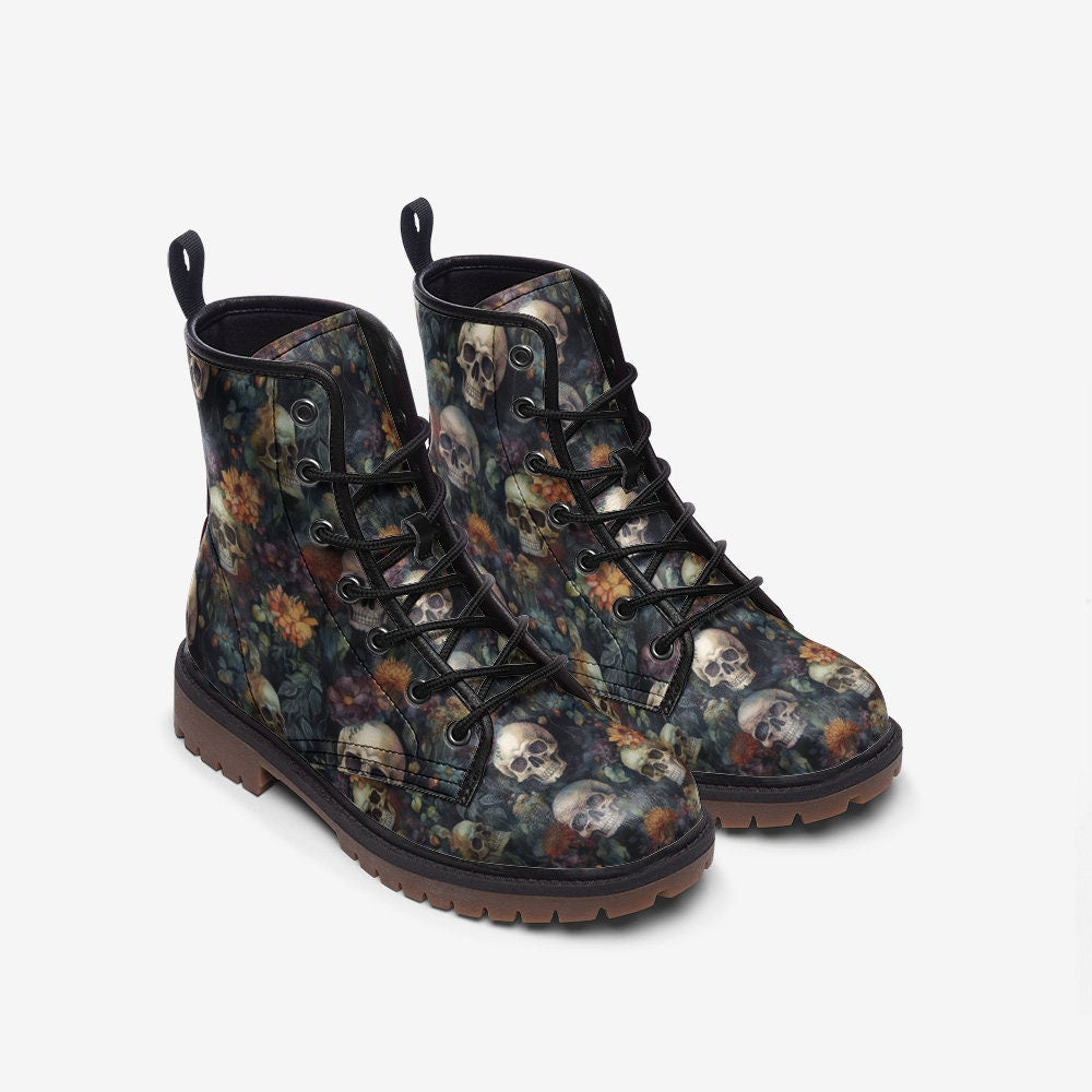 Emerald Blossoms - Dark Skulls Casual Faux Leather Lightweight Boots For Hippies