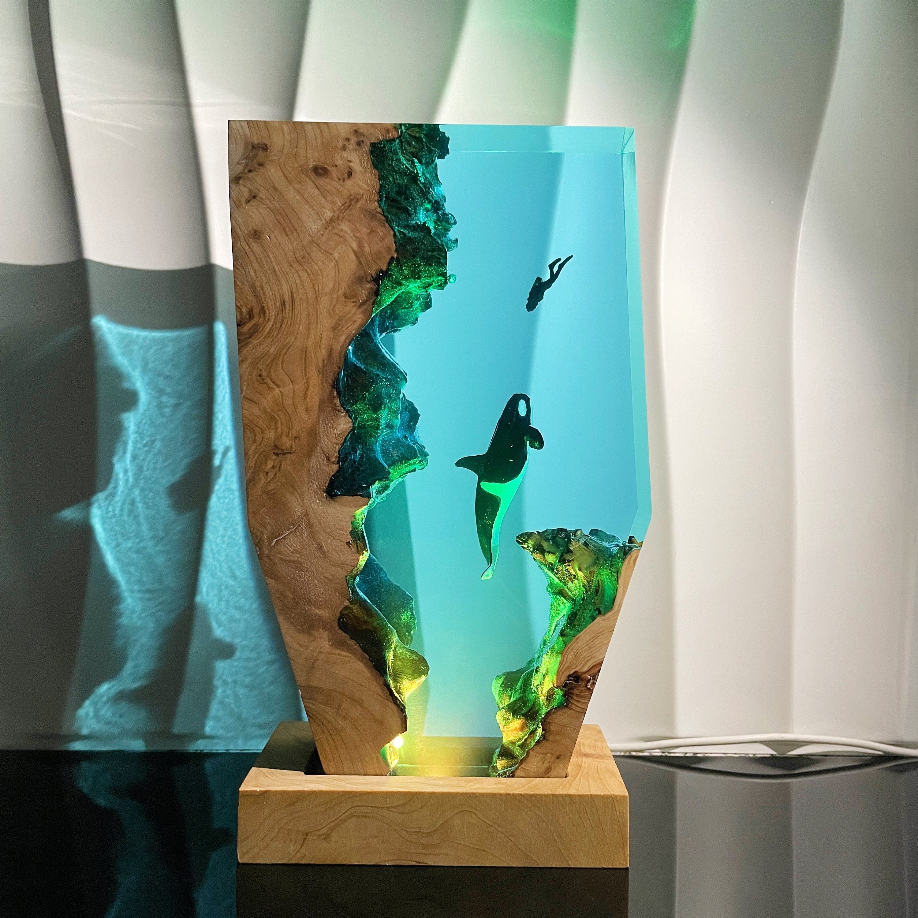 Epoxy Resin Orca Lamp, Undersea Diver Scene, Handmade Wood Base, Diver Encounters Killer Whale, Christmas Gift For Family