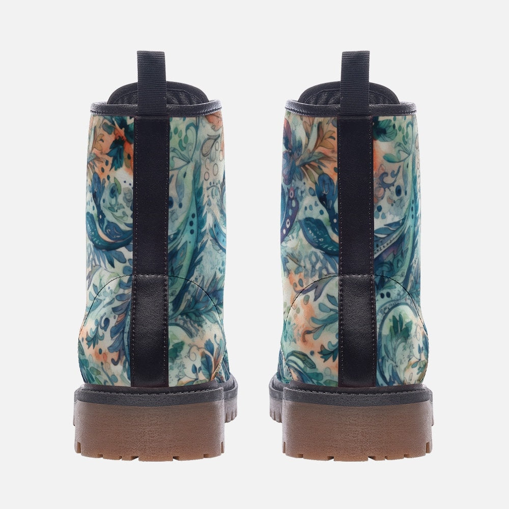 Emerald Blossoms Boots - Blue Paisley Print Casual Faux Leather Lightweight Boots For Hippies