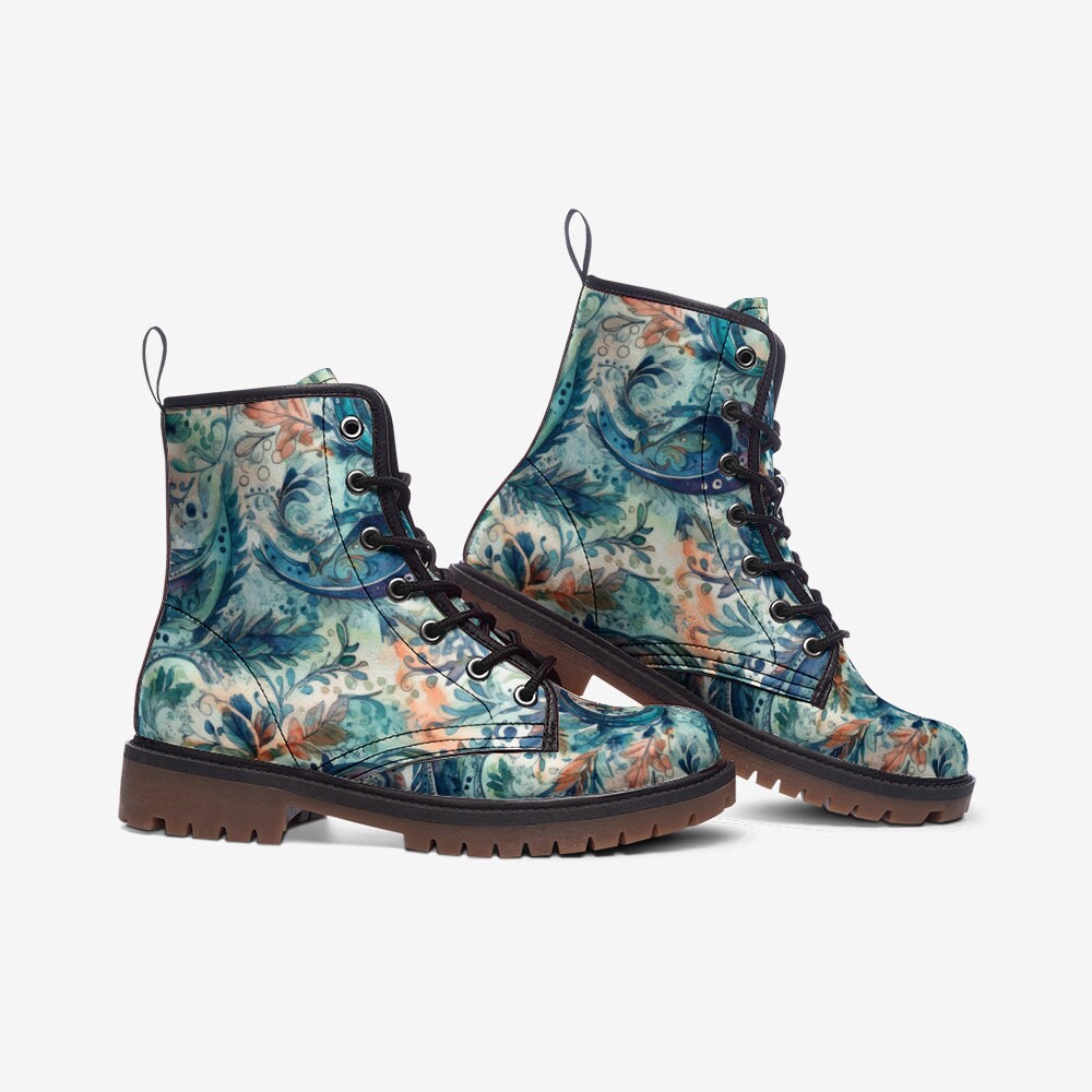 Emerald Blossoms Boots - Blue Paisley Print Casual Faux Leather Lightweight Boots For Hippies