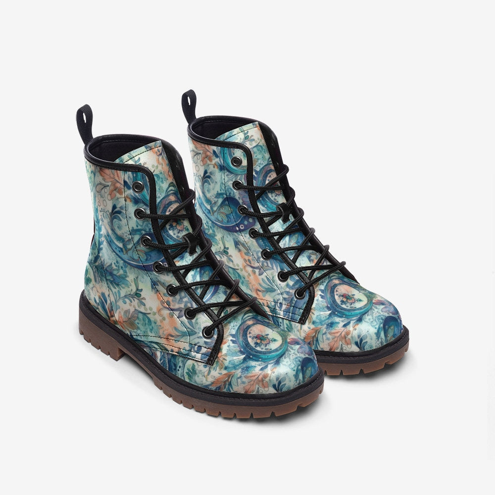 Emerald Blossoms Boots - Blue Paisley Print Casual Faux Leather Lightweight Boots For Hippies