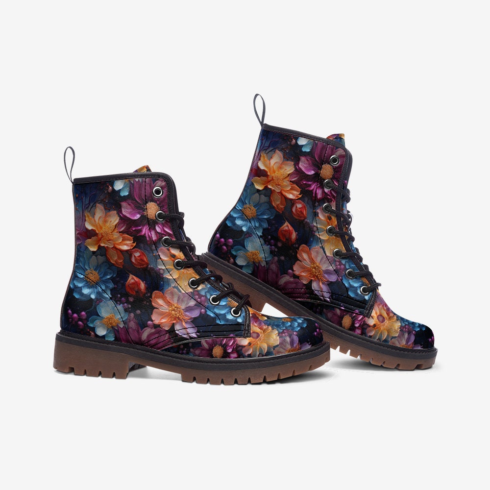 Emerald Blossoms - Colorful Floral Casual Faux Leather Lightweight Boots For Hippies