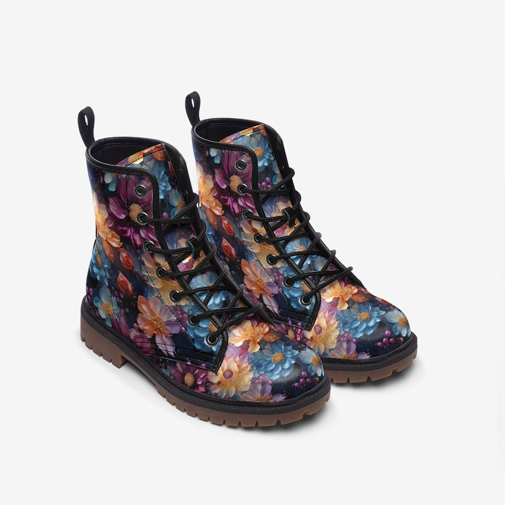 Emerald Blossoms - Colorful Floral Casual Faux Leather Lightweight Boots For Hippies