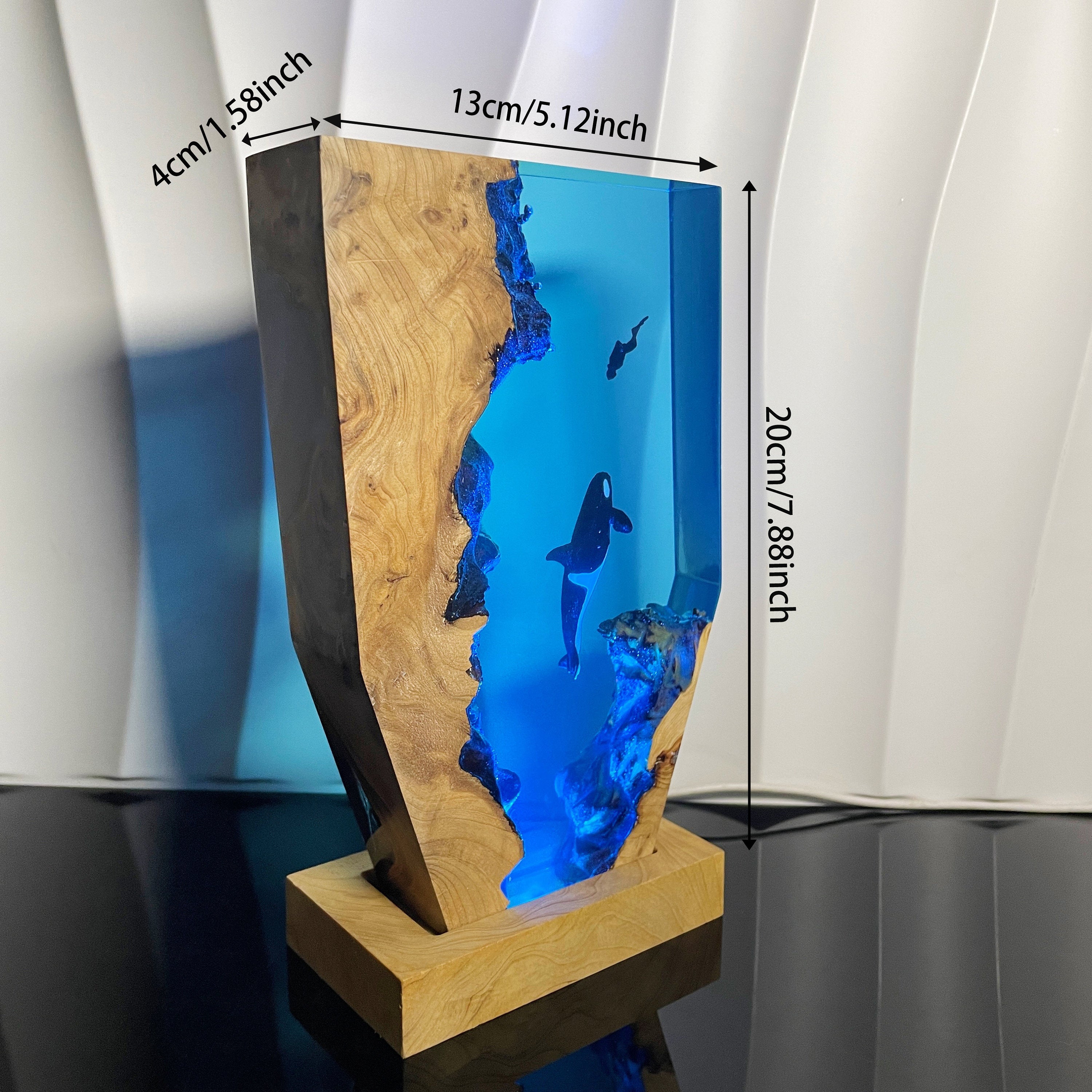 Epoxy Resin Orca Lamp, Undersea Diver Scene, Handmade Wood Base, Diver Encounters Killer Whale, Christmas Gift For Family